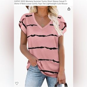 NWOT - CATHY 2023 Womens Summer Tunic Short Sleeve - V Neck Loose Comfy Top